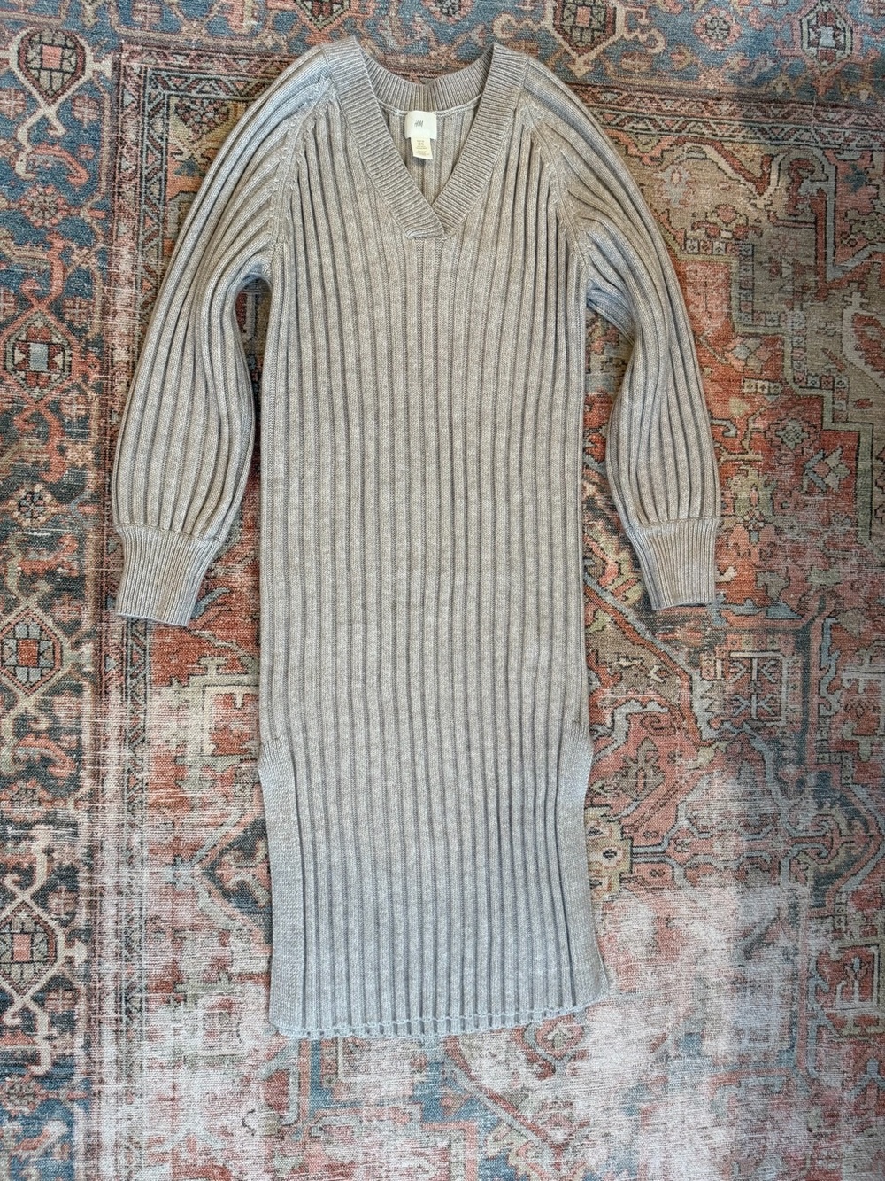 H&M Ribbed V-Neck Maxi Sweater Dress - Light Gray